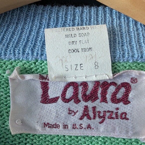VTG 1980's Laura by Alyzia Green Blue Trim Button Front Cardigan Sweater Sz 8 - Picture 3 of 5